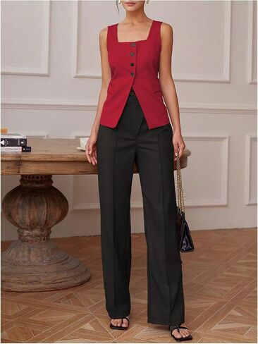 SHENHE Women's Sleeveless Long Vest Button Up Square Neck Fitted Blazer Vest Waistcoat with Pockets in Saudi Arabia
