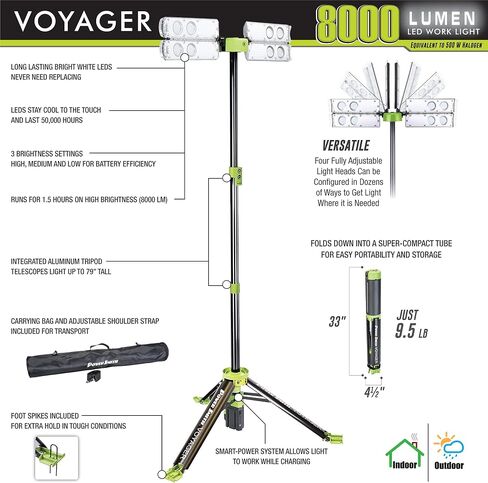 PowerSmith Voyager PVLR8000A-C 8000 Lumen Collapsible Cordless Tripod LED Work Light. BARE Light Only. 3-Way Power. AC or DC Adaptor or Battery Needed to Use Light in Saudi Arabia