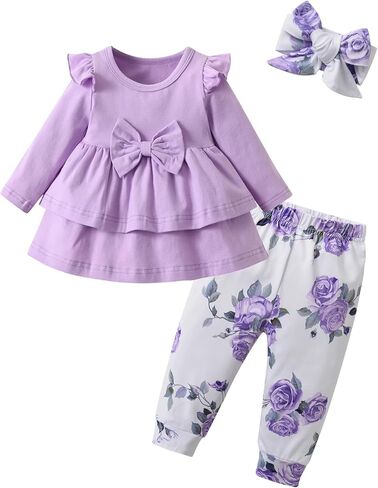Baby Girl Clothes Solid Color Long Sleeve Ruffle Tops Pants Headband 3PCS Outfits Set in Saudi Arabia