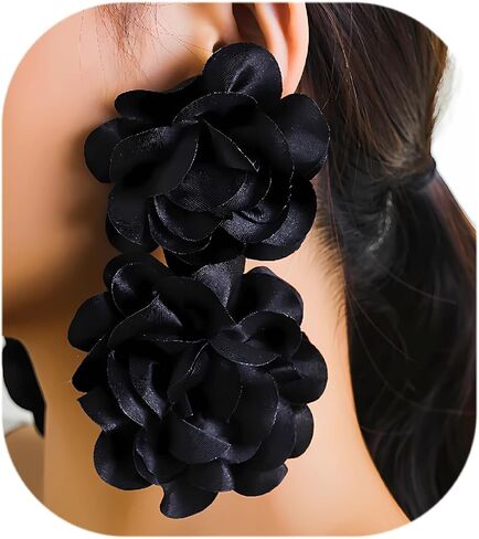Big Flower Drop Earrings for Women Long Fabric Floral Dangle Earrings Bohemian Exaggerated Statement Satin Flower Earrings Hypoallergenic Summer 3D Fashion Jewelry Gifts in Saudi Arabia