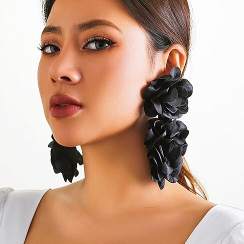 Big Flower Drop Earrings for Women Long Fabric Floral Dangle Earrings Bohemian Exaggerated Statement Satin Flower Earrings Hypoallergenic Summer 3D Fashion Jewelry Gifts in Saudi Arabia