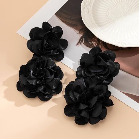 Big Flower Drop Earrings for Women Long Fabric Floral Dangle Earrings Bohemian Exaggerated Statement Satin Flower Earrings Hypoallergenic Summer 3D Fashion Jewelry Gifts in Saudi Arabia