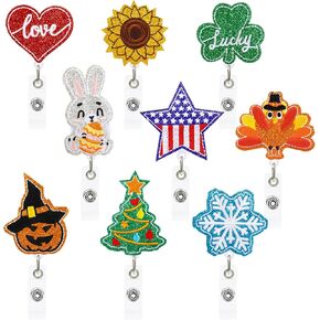 9Pcs Fall Holiday Badge Reels Embroidered Retractable Felt Nurse Badge Holder Name ID Card with Alligator Clip for Valentines St Patricks Easter Spring Independence Fall Thanksgiving Halloween Winter