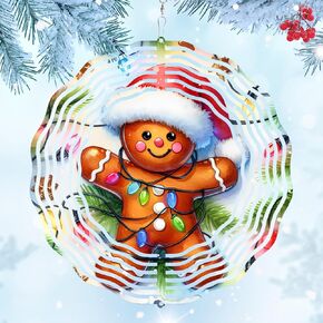 3D Gingerbread Wind Spinner 10 Inch Kinetic Wind Spinners Hanging Stainless Steel Holiday Ornament for Festive Home and Garden Christmas Decor