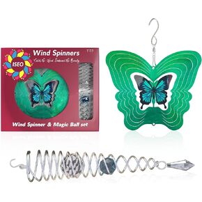 ISEO Butterfly Wind Spinner and Gazing Ball Set, Metal Wind Spinner Garden Decor, Hanging Garden Decorations, Weather-Resistant Outdoor Wind Spinners, 6.5" Spinner Garden Décor