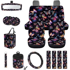 Wanyint Mushroom Galaxy 15 PCS Car Seat Covers Set for Men Women, Soft Seat Protector Steering Wheel Cover Seat Belt Pads Trash Bin Sunglasses Pocket Rear View Mirror Protector Coasters Key Chain
