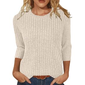 JomeDesign Sweaters for Women 3/4 Sleeve Tops Round Neck Loose Casual Blouses