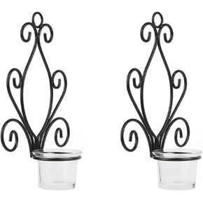 Set of 2 Black Wall Mounted Iron Candle Sconce Holder Hanging for Dining Room Bedroom Living Room(with Non-Foldable Candle Tray and Cup, L-Shape)