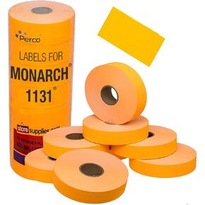 Perco Fluorescent Orange Pricing Labels for Monarch 1131 Price Gun - 1 Sleeve, 8 Rolls, 20,000 Price Marking Labels - with Ink Roll Included