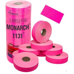 Perco Fluorescent Pink Pricing Labels for Monarch 1131 Price Gun - 1 Sleeve, 8 Rolls, 20,000 Price Marking Labels - with Ink Roll Included