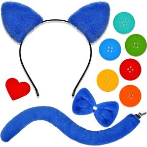 Blue Cat Ears Headband and Tail Bowtie Set with 6 Button Patches & 1 Heart Patch Felt Stickers, Cat Costume Accessories for Story Book Day Dress Up, Halloween Party Cosplay Costume