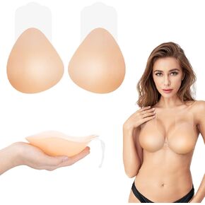 Adhesive Bra Strapless Sticky Invisible Push up Silicone Bra Reusable Backless Silicone Bra for Women(DD Cup) Creme