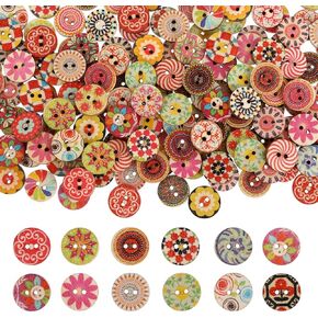 200 PCS Wood Buttons, Vintage Buttons with 2 Holes Natural Round Shapes Retro Buttons Mixed Pattern Wooden Buttons for DIY Sewing Craft Decorative Handmade Projects (0.6 inch/1.5 cm)