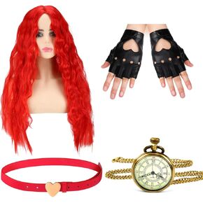 4 Pcs Halloween Princess Red Costume for Women Accessories Long Curly Red Wig Pocket Watch Red Leather Belt Fingerless Gloves Cosplay Dress up Outfits Party