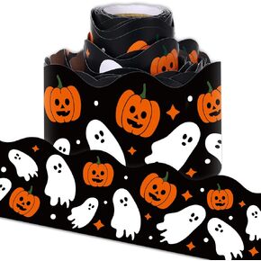 Whaline 32.8Ft Halloween Bulletin Board Border Black Orange White Ghost Pumpkin Die Cut Trim Border Roll for Halloween Classroom Chalkboard Decor