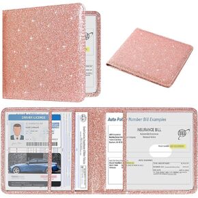 DMLuna Car Registration and Insurance Holder, Folio Leather Vehicle Card Document Glove Box Organizer, Auto Truck Compartment Accessories for Essential Information, Driver License Cards, Glitter Rose