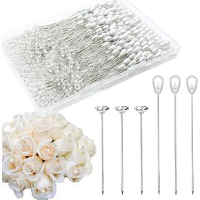 300Pcs Corsage Bouquet Pins Including 150Pcs 1.5 Inch Diamond Pins and 150Pcs 2.1 Inch Pearl Pins for Bouquets, Flower Pins for Sewing Straight Pins for Floral Wedding Decoration DIY Craft Sewing Pins