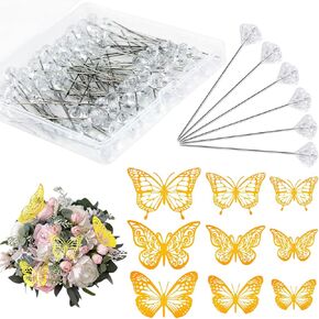 136 Pieces Bouquet Corsages Pins Set 100 Pieces 2 Inch Straight Boutonniere Pins and 36 Pieces 3D Gold Butterfly Decoration for Flower, DIY Crafts, Sewing, and Wedding Bridal Accessories