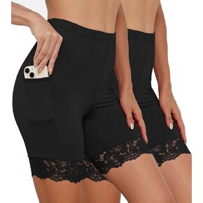 Anti Chafing Shorts Women Satin Boyshort Underwear Lace Slip Shorts for Under Dresses with Pockets 2 Packs