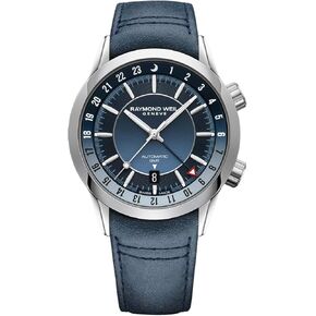 RAYMOND WEIL Freelancer GMT Men's Watch, 24 Time Zones, Blue Gradient Dial, Indexes, Stainless Steel Case, Genuine Blue Leather Strap, 41mm (Model: 2761-STC-50001)