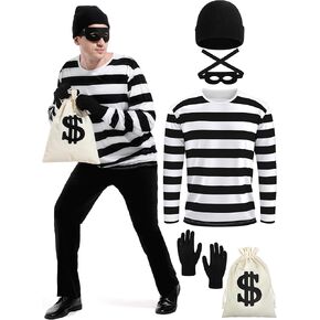 5 Pieces Halloween Costume Set, Men's Robber Costume Halloween Cosplay Burglar Accessories Striped Shirt for Adult