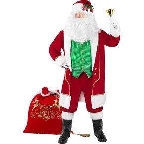 Christmas Santa Claus Costume Adult Men 11pcs Deluxe Santa Suit for Adults Green Vest Xmas Holiday Cosplay