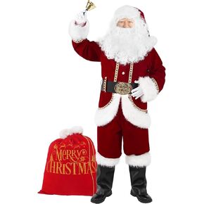 Christmas Men’s Santa Costume Set Adult 11 Pcs Deluxe Santa Claus Costume Suit Velvet for Xmas Holiday Party Cosplay