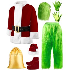 Halloween Costumes Adult Green Santa Costume with Mask, 8Pcs Furry Santa Suit Funny Christmas Cosply Outfit