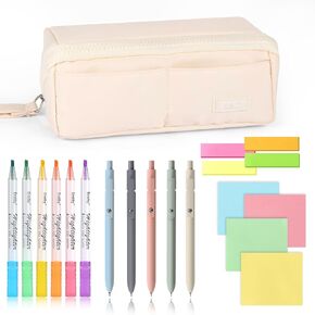 Pencil Case with Supplies, Purple Pencil Pouch Bag with Assorted Colors Highlighters Gel Pens Sticky Notes Tabs, Aesthetic Stationery Set for School Classroom