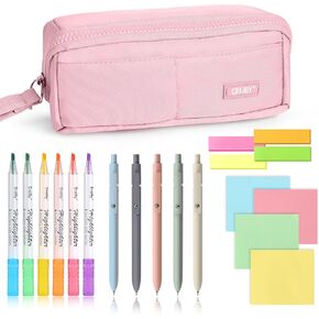 Pencil Case with Supplies, Purple Pencil Pouch Bag with Assorted Colors Highlighters Gel Pens Sticky Notes Tabs, Aesthetic Stationery Set for School Classroom
