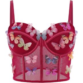 Testudineus Women Chic Butterfly Embroidered Corset Top Spaghetti Strap Sheer Mesh Push Up Bustier Bralette in Kuwait