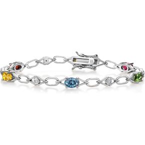 Gem Stone King 925 Sterling Silver Customized and Personalized 6-Stone 6X4MM Oval Gemstone Birthstone and Round White Lab Grown Diamond Tennis Bracelet For Women | 7.25 Inches