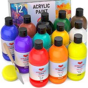 12 Colors Large Acrylic Paint Set (16.9 oz,500 ml), Bulk Acrylic Paint Non-Toxic Art Painting Supplies on Multi Surface Canvas Wood Craft Fabric Rock for Artist Beginner with Color Wheel