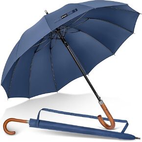 Large Umbrella Windproof 55 Inch - Umbrellas for Rain With Wood Handle - Long Automatic Open 12 Ribs Strong Stick Umbrella With J Hook for Adult Mens Women