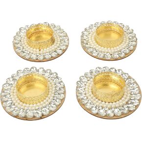 Set of 4 Pearl Moti Design T Light Holder Candle Stand Tealight T-Light Holders for Indian Traditional Cultural Housewarming Festival Diwali Decoration Lighting Decor(Without Wax)(White)(Size:-3")