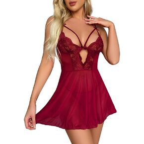 Lilosy Sexy Cutout Strappy Bows Sheer Mesh Lace Floral Babydoll Lingerie Set