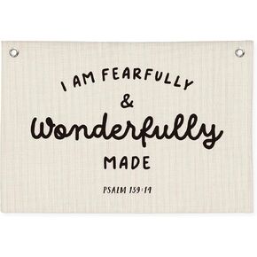 Kids Room Decor, Bible Verse Wall Hanging Banner, I am Fearfully and Wonderfully Made Linen Banner, Canvas Banner Decoration for Classroom Nursery Kids Room