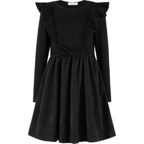 Arshiner Girls Fall Winter Dress Plaid Ribbed Ruffles Long Sleeve Dresses Cute Bowknot Little Girls Clothes 2-6 Years