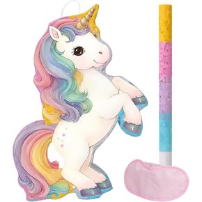 Magical Unicorn Piñata - Small Unicorn Piñata with Blindfold and Bat for Girls Kids Rainbow Unicorn Themed Birthday Party Games Decorations (Small Size 16"x10"x3")