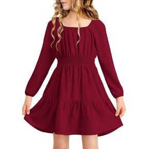 Girls Fall Square Neck Smocked Waist Puff Long Sleeve Side Pockets Trendy Midi Dress 6-14 Years