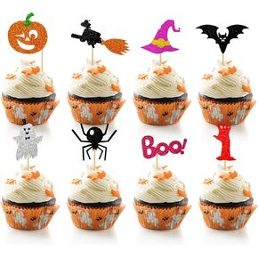 40 Pieces Happy Halloween Cupcake Toppers with Pumpkin Boo Ghost Witch Spider Hat Bat Cake Picks for Kids Halloween Themed Birthday Party Decorations
