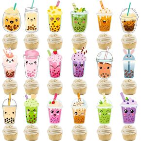 Bubble Tea Cupcake Toppers 48Pcs Boba Tea Themed Birthday Party Decorations Bubble Milk Tea Cake Cupcake Topper Decorations for Pearl Milk Tea Theme Birthday Baby Shower Party Supplies