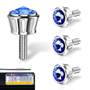 4 PCS Car License Plate Tray Fixing Bolts, Aluminum License Plate Frame Decorative Screws, Crystal Diamond Car Anti-Theft Screw Caps, Universal for Most Cars (Blue)
