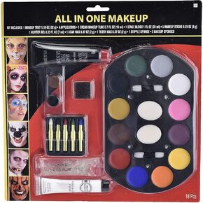 All In One Makeup Kit - 1 Count - Includes Makeup Tray, Cream Makeup Tube, Stage Blood, Makeup Sticks, Glitter Gel, Scar Wax, Tooth Wax, & Stipple Sponge Applicators - Perfect Halloween Party Props