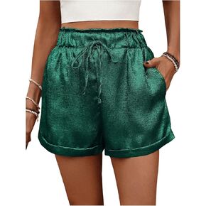 SHENHE Women's Shiny Wide Leg Shorts Elastic Waist Tie Front Summer Paperbag Shorts