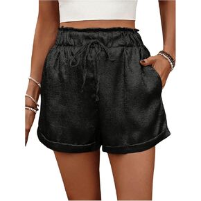 SHENHE Women's Shiny Wide Leg Shorts Elastic Waist Tie Front Summer Paperbag Shorts