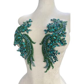 One Pair Handmade Beaded Crystal Patches Bodice Lace DIY Applique Patches Accessory for Dress Clothes 35X12cm (Silver)