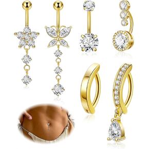 6PCS 14K Gold Plated Belly Button Rings for Women 14G Dangle Belly Rings Clicker CZ Dangling Navel Rings Curved Barbell Belly Piercing Jewelry