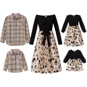 PATPAT Family Matching Outfits Set Mommy and Me Dresses Off Shoulder Midi Dress Dad and Boy Plaid Button Down Shirts