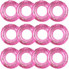 12Pcs Inflatable Pool Floats Swim Tubes Rings Inner Glitter Sequin Hot Pink Swimming Pool Tube Toys for Kids Teen Boys Girls Outdoor Summer Beach Water Party Favors Supplies